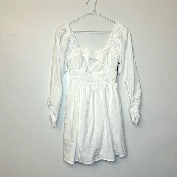 NWT ASTR The Label Cinched Waist Smocked Long Sleeve White Mini Dress Size XS - Picture 1 of 8